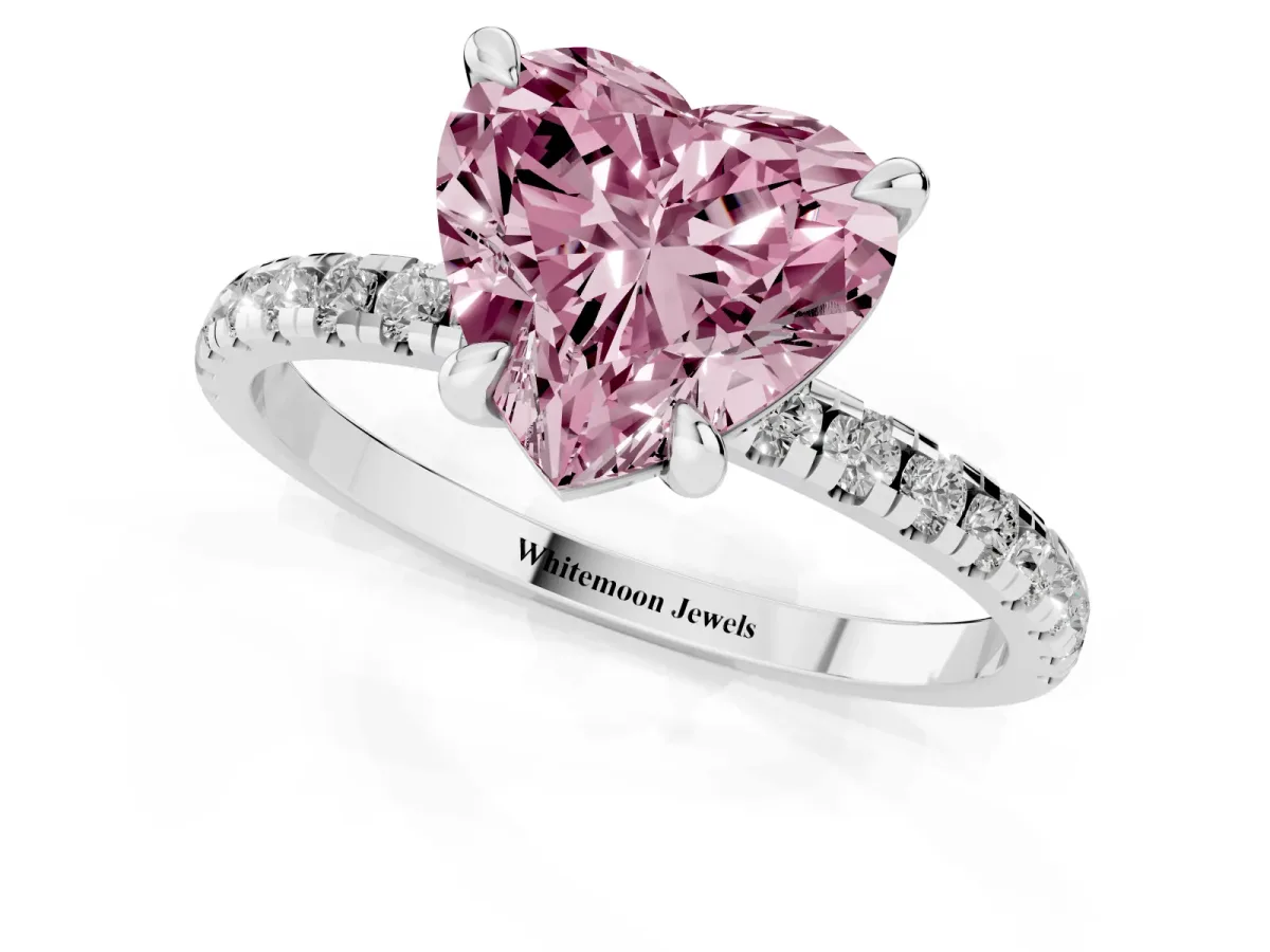 Fancy Pink Heart Cut Diamond Brilliant Solitaire Ring with Pavé Band and Four-Prong Setting Platinum