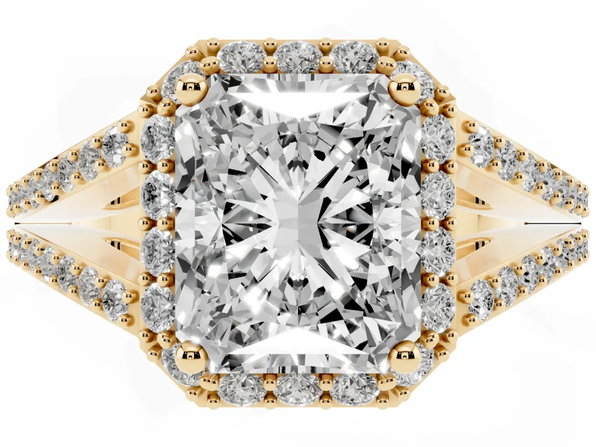 Radiant Cut Halo Split Shank Pave Diamond Ring with Four-Prong Setting Yellow gold
