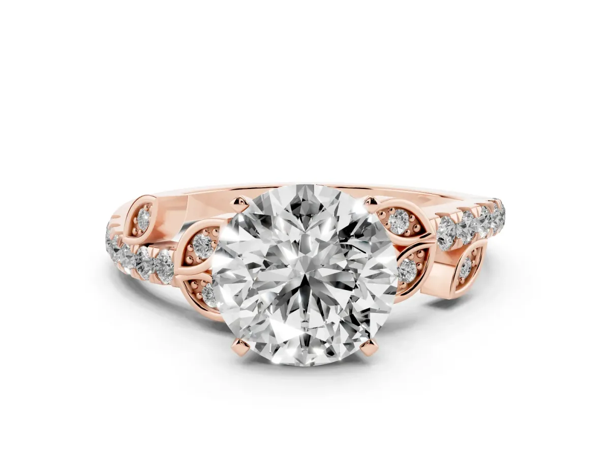 Round Cut Solitaire Leaf-Inspired Diamond Ring with Pavé Band and Four-Prong Setting Rose gold