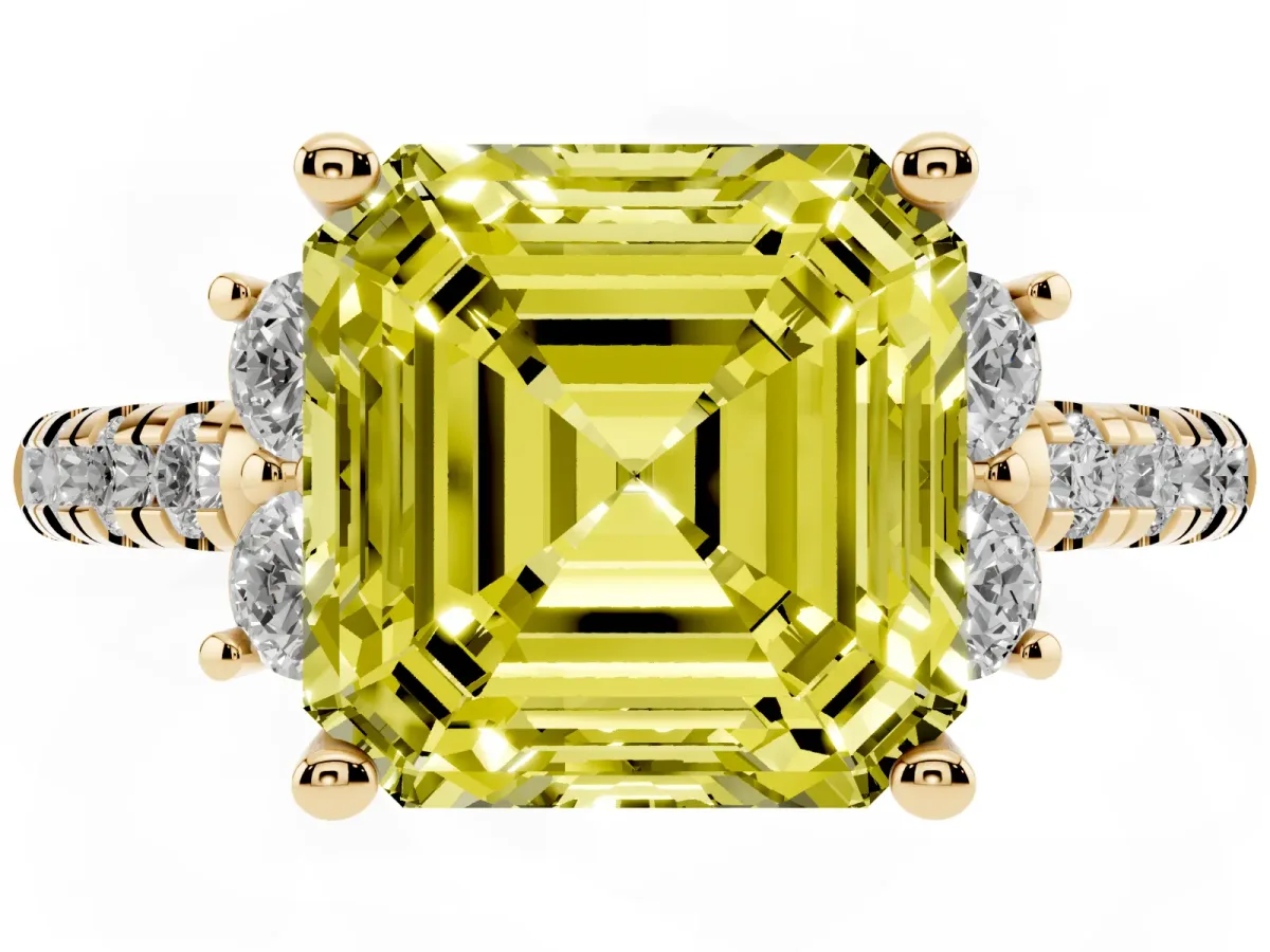 Fancy Yellow Asscher Cut Diamond Three-Stone Pave Band with Four-Prong Setting Yellow gold