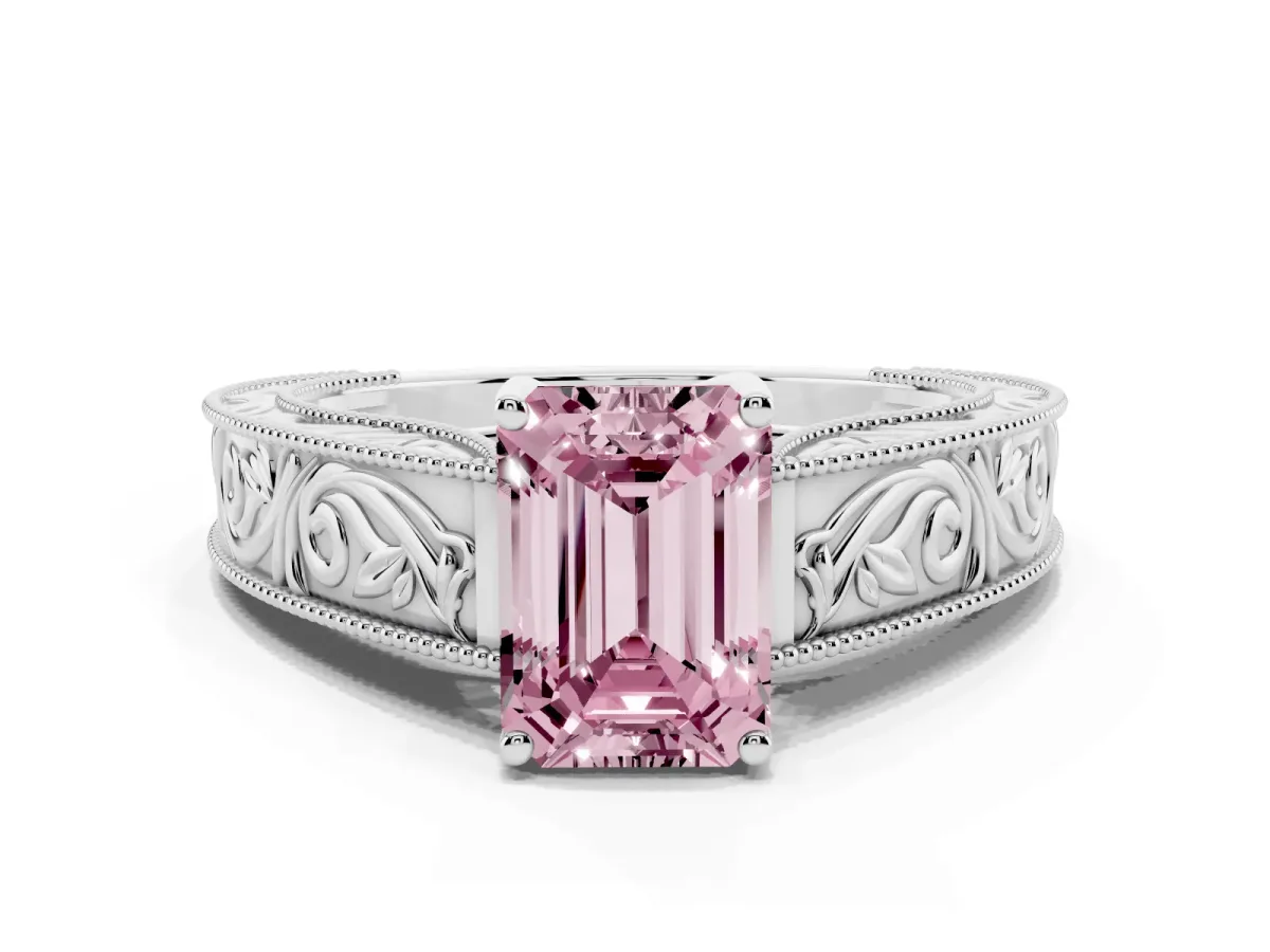 Fancy Pink Emerald Cut Diamond Solitaire Ring with Engraved Band and Four-Prong Setting Platinum