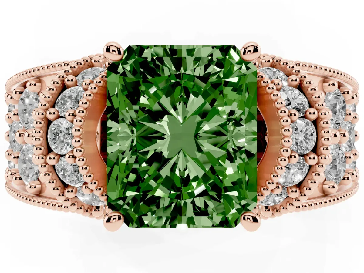 Fancy Green Radiant Cut Halo Pave Diamond Engagement Ring with Milgrain Detailing Rose gold