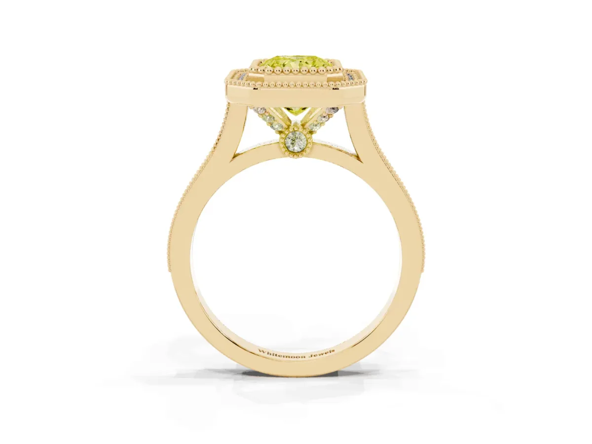 Fancy Yellow Radiant Cut Diamond Halo Ring with Milgrain Frame and Pavé Band Yellow gold