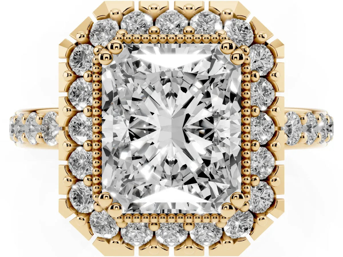 Radiant Cut Diamond Halo Ring with Pavé Band and Prong Setting Yellow gold