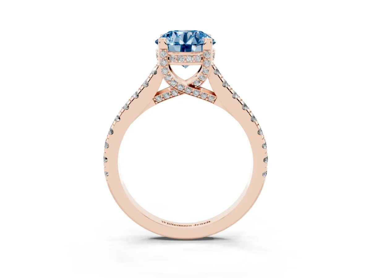 Fancy Blue Round Cut Brilliant Diamond Solitaire with Pavé Band and Four-Prong Setting Rose gold