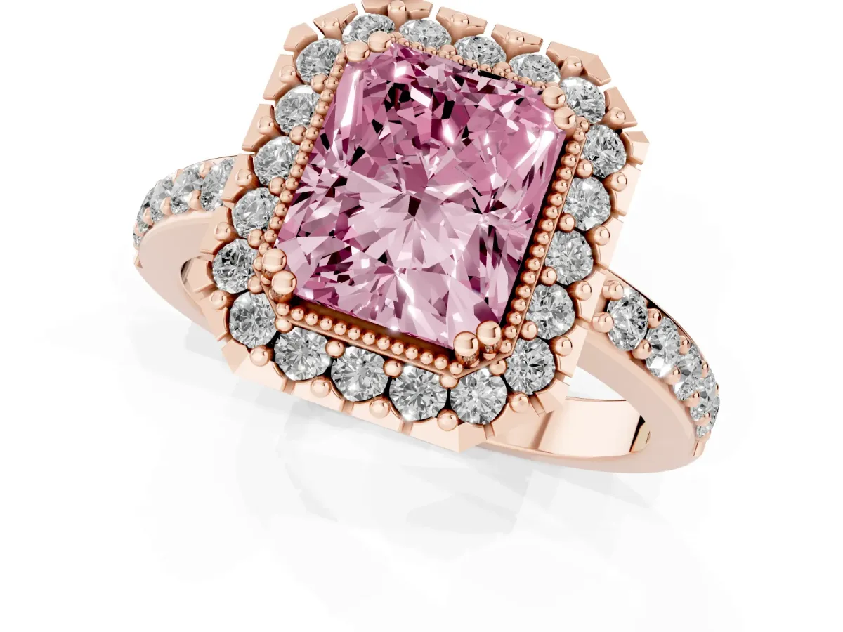 Fancy Pink Radiant Cut Diamond Halo Ring with Pavé Band and Prong Setting Rose gold