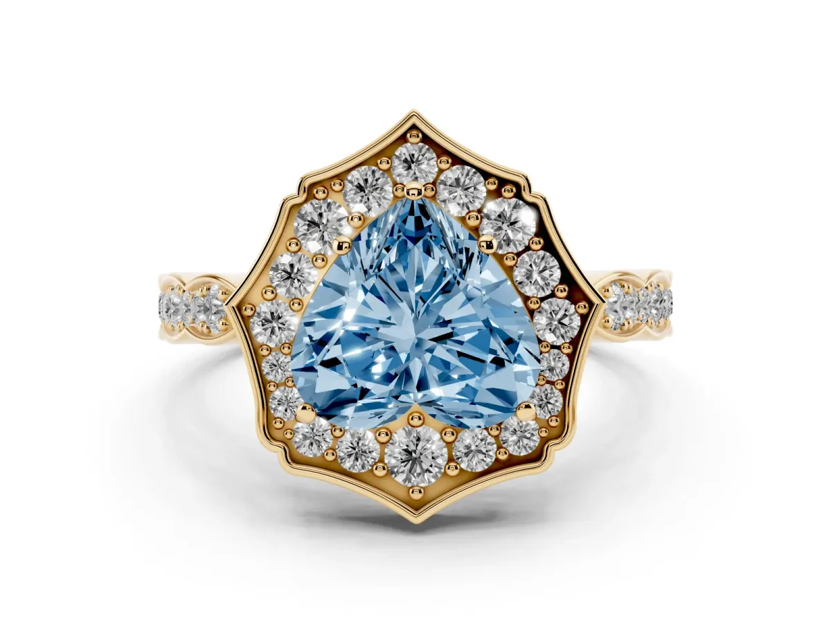 Fancy Blue Heart Cut Halo Diamond Engagement Ring with Milgrain Band and Four-Prong Setting Yellow gold