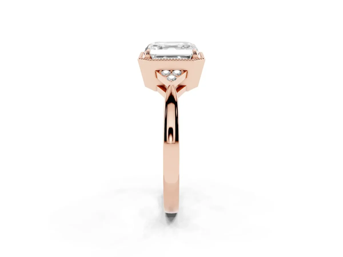 Asscher Cut Diamond Halo Ring with Tapered Band and Four-Prong Setting Rose gold