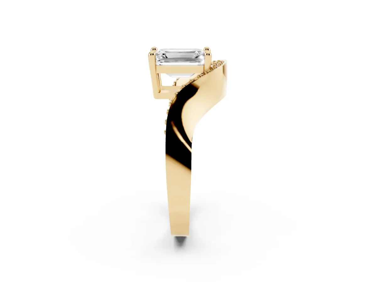 Emerald Cut Solitaire Diamond Engagement Ring with Pave Band and Four-Prong Setting Yellow gold