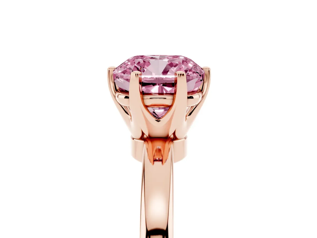 Fancy Pink Cushion Cut Solitaire Diamond Ring with Six-Prong Setting on a Classic Band Rose gold