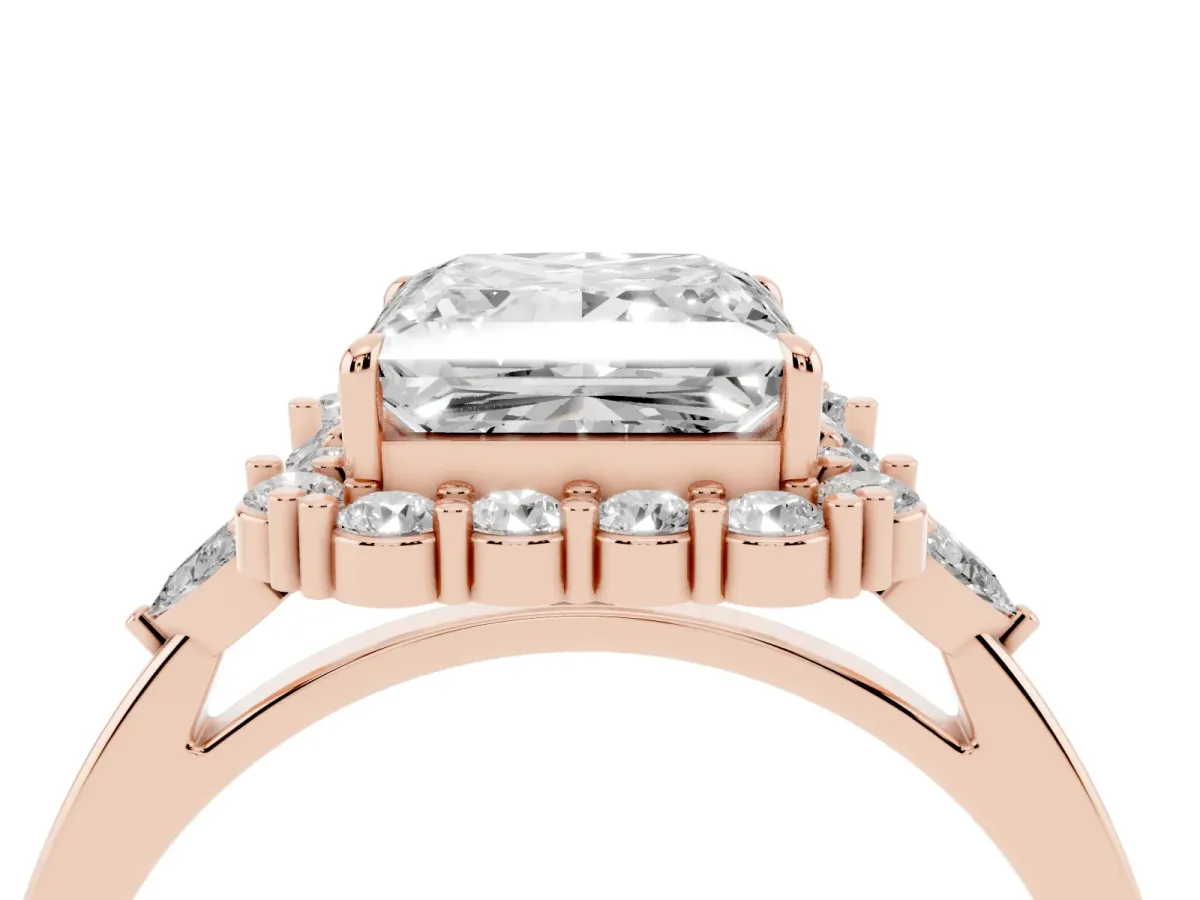 Princess Cut Diamond Halo Ring with Pear Side Stones and Prong Setting Rose gold