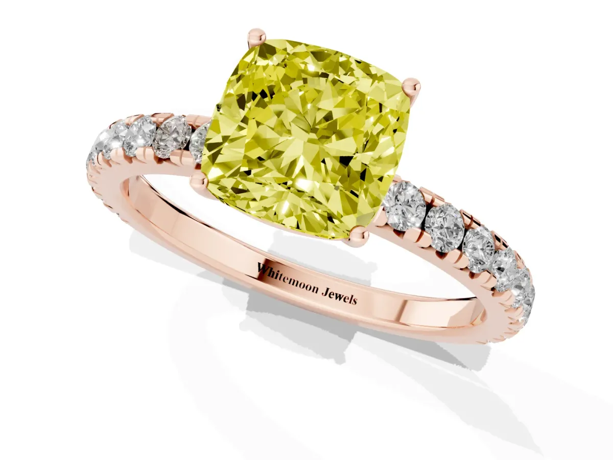Fancy Yellow Cushion Cut Diamond Pavé Solitaire Engagement Ring with Four-Prong Setting Rose gold