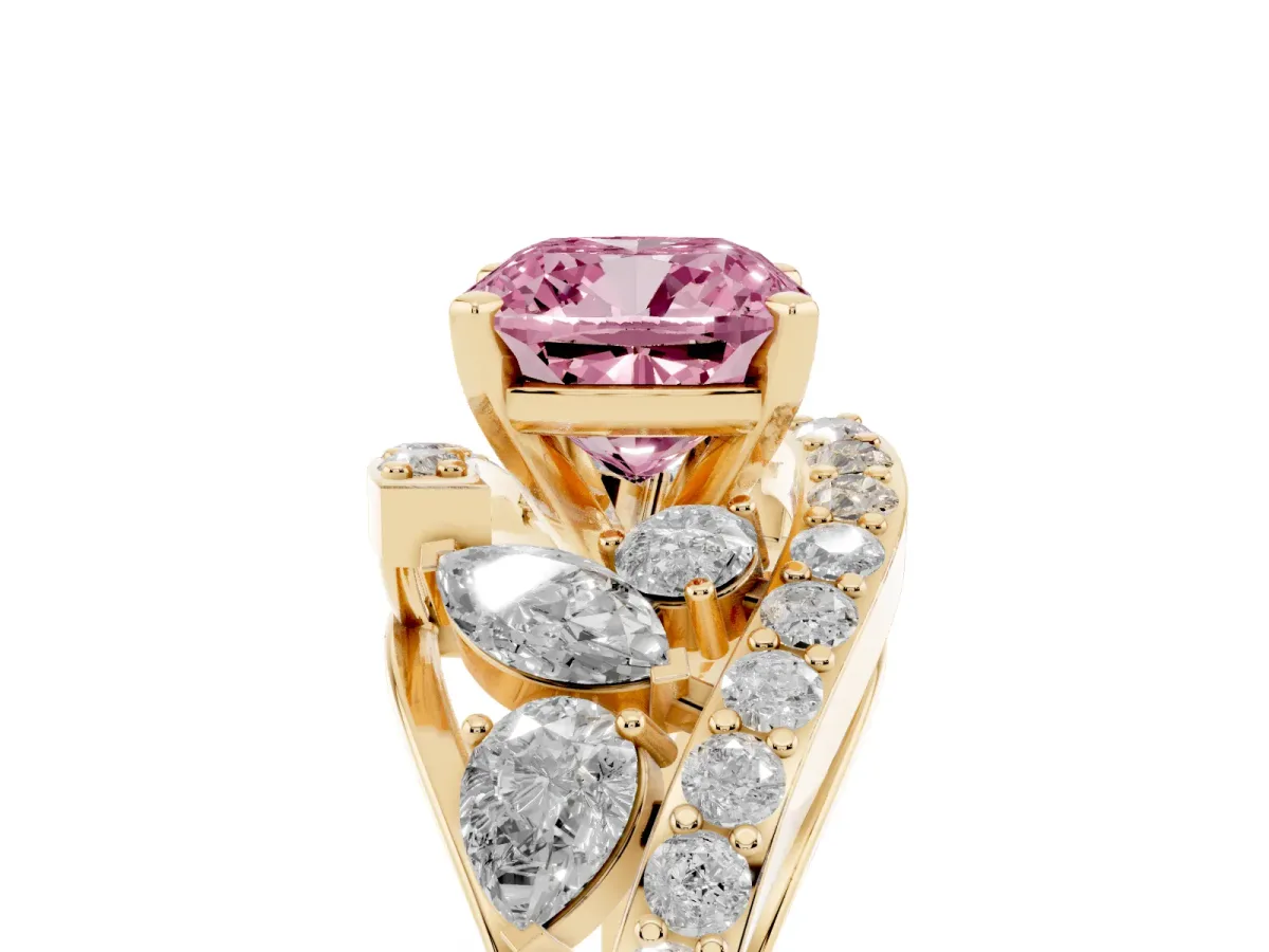 Fancy Pink Cushion Cut Diamond Halo Ring with Marquise and Pavé Band in Prong Setting Yellow gold