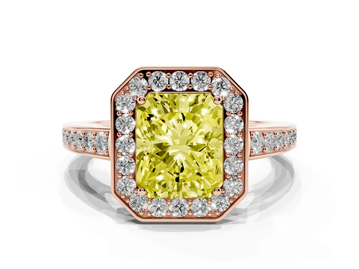 Fancy Yellow Radiant Cut Halo Pavé Diamond Engagement Ring with Bezel Setting Rose gold