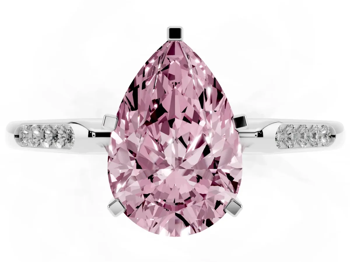 Fancy Pink Pear Cut Diamond Solitaire Ring with Channel Set Round Band and Prong Setting Silver