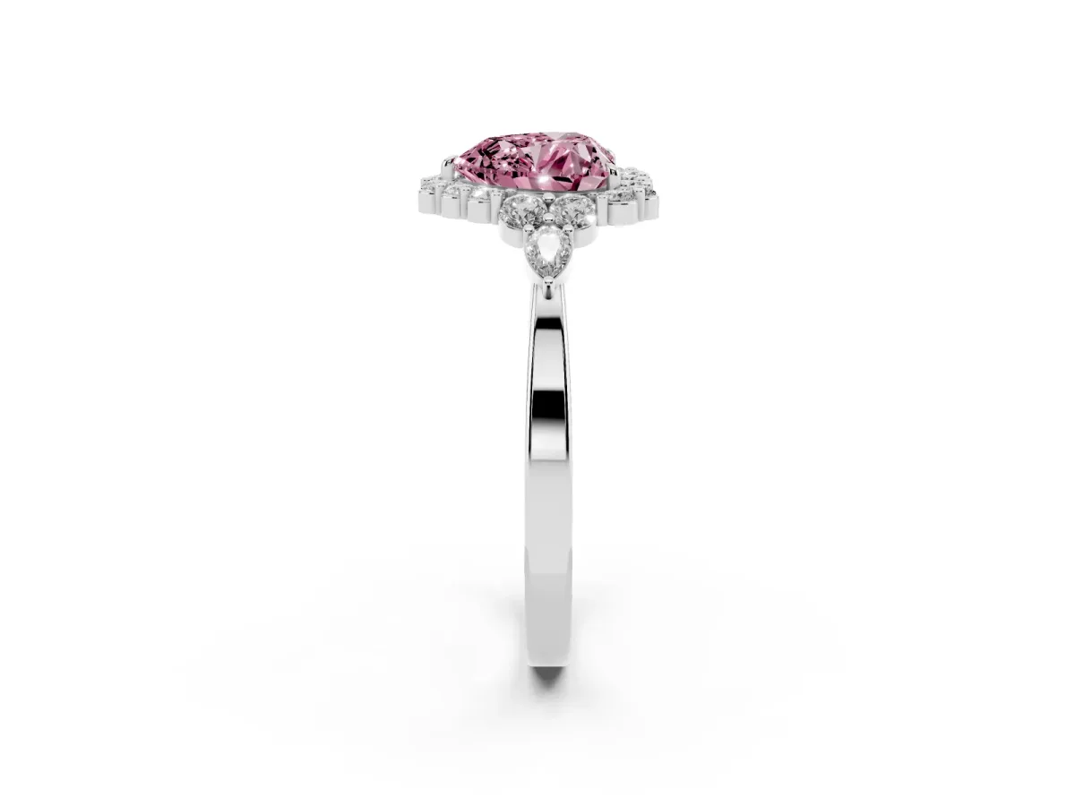 Fancy Pink Heart Cut Diamond Halo Ring with Pear Side Stones and Prong Setting Silver