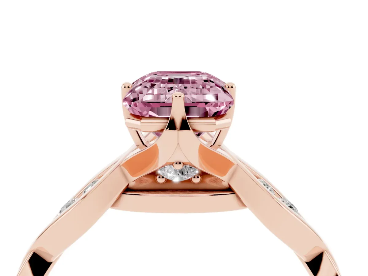 Fancy Pink Emerald Cut Solitaire Twist Band with Leaf Prong Setting Rose gold