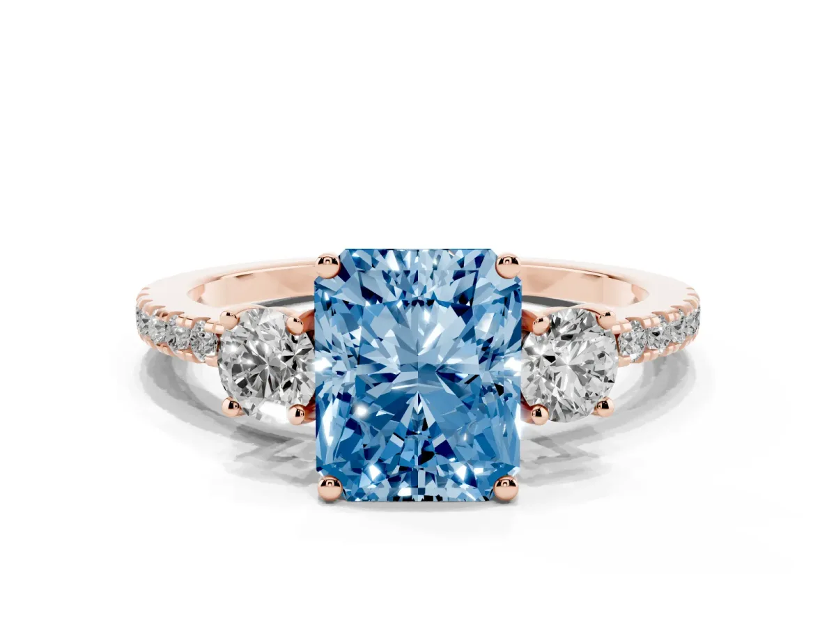 Fancy Blue Three-Stone Radiant Cut Cut Diamond Pavé Band with Prong Setting Rose gold