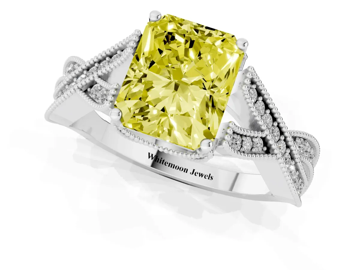 Fancy Yellow Radiant Cut Cut Diamond Twisted Band with Milgrain Pave Setting and Four-Prong Setting White gold