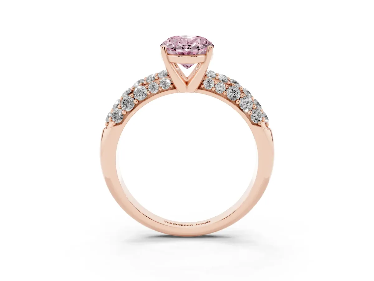 Fancy Pink Oval Cut Diamond Pavé Band Solitaire Ring with Four-Prong Setting Rose gold