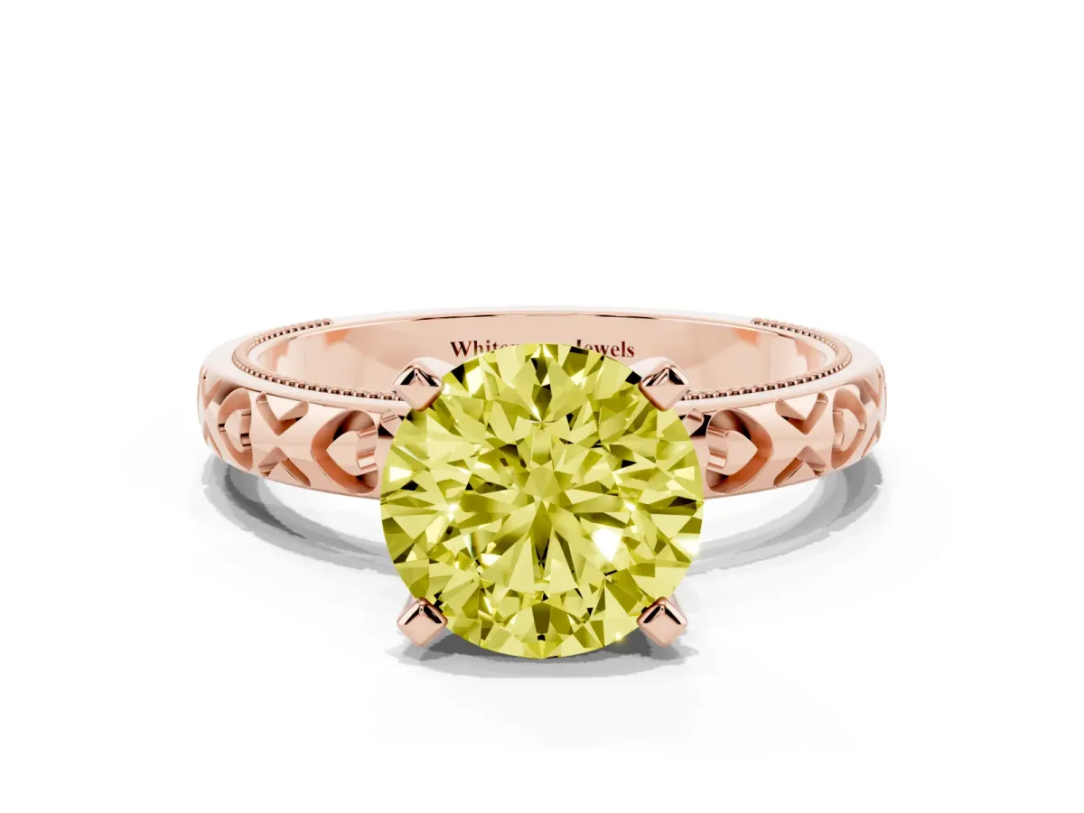 Fancy Yellow Round Cut Solitaire Diamond Engagement Ring with XO Engraved Band and Four-Prong Setting Rose gold