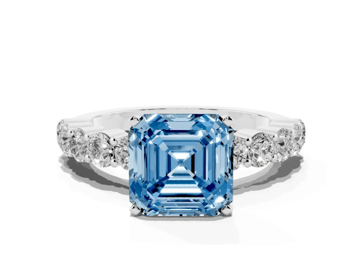 Fancy Blue Asscher Cut Diamond Solitaire Ring with Shared Prong Round Side Stones White gold