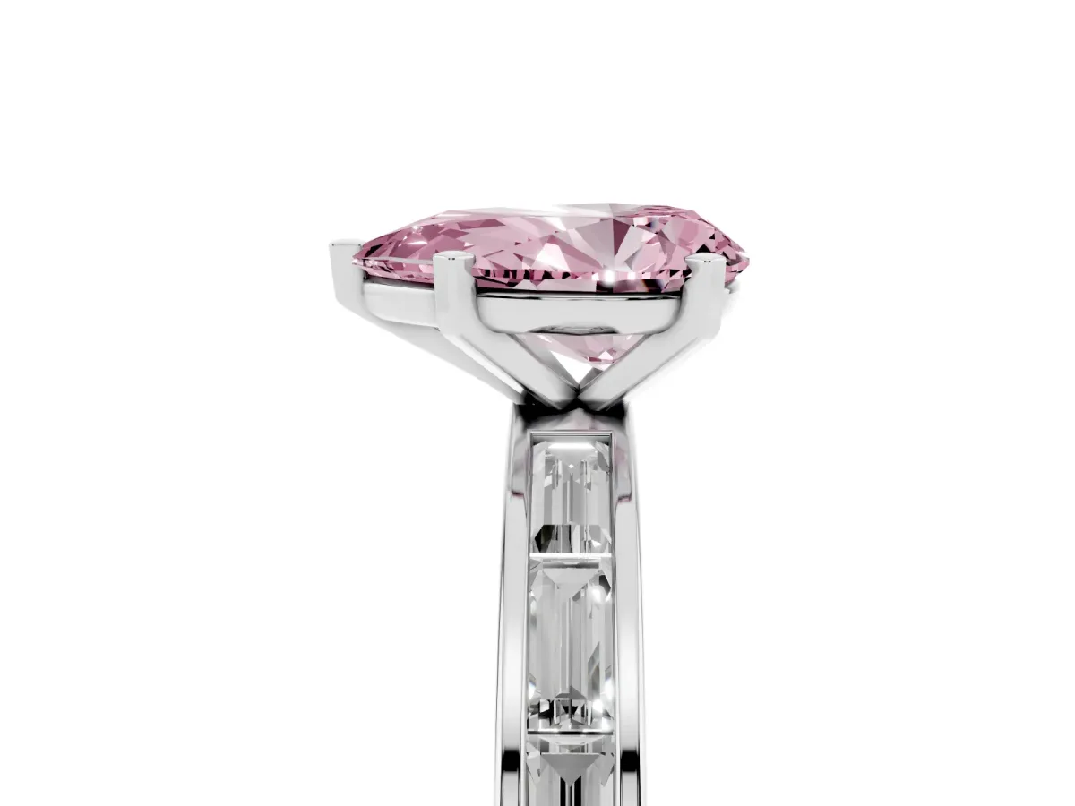 Fancy Pink Pear Cut Solitaire Diamond Ring with Channel-Set Baguette Band and Four-Prong Setting White gold