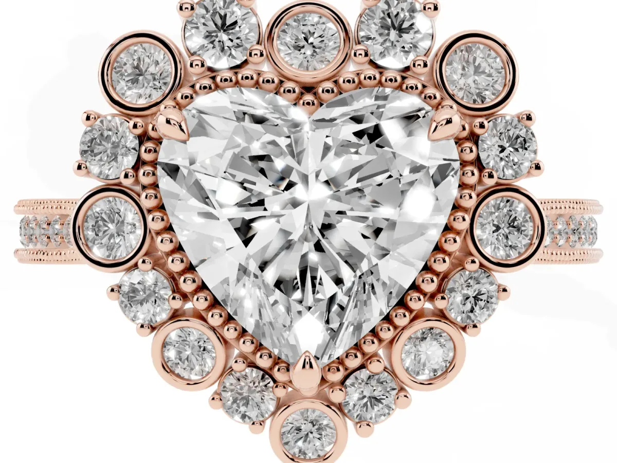 Heart Cut Halo Milgrain Pave Diamond Ring with Four-Prong Setting Rose gold