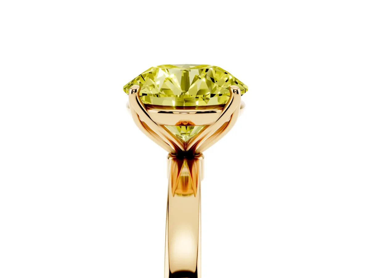 Fancy Yellow Round Cut Diamond Solitaire Ring with Thin Band and Prong Setting Yellow gold