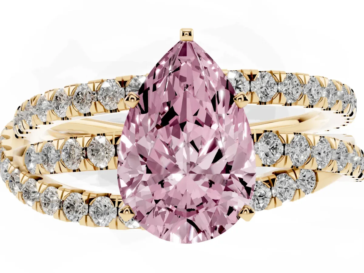 Fancy Pink Pear Cut Solitaire Twist Band with Pavé Setting and Four-Prong Setting Yellow gold