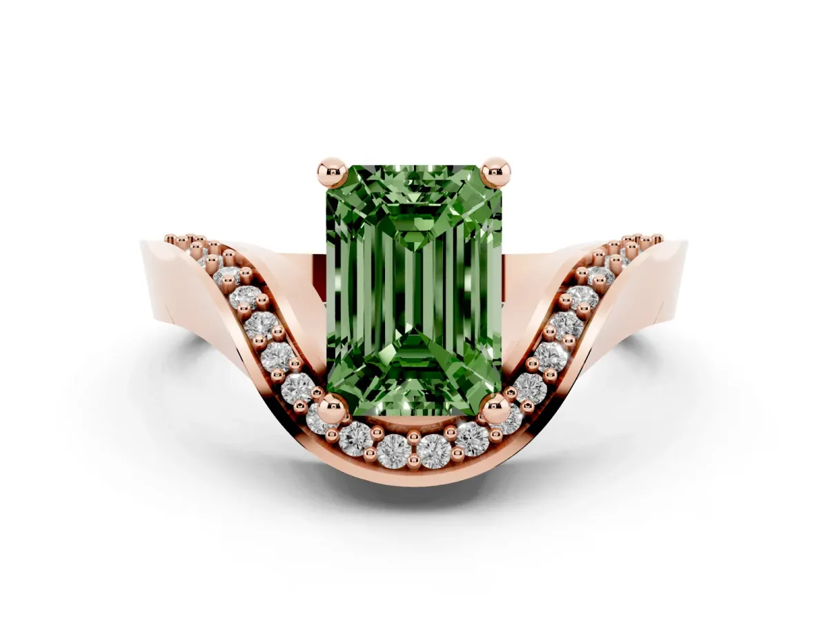Fancy Green Emerald Cut Solitaire Diamond Engagement Ring with Pave Band and Four-Prong Setting Rose gold
