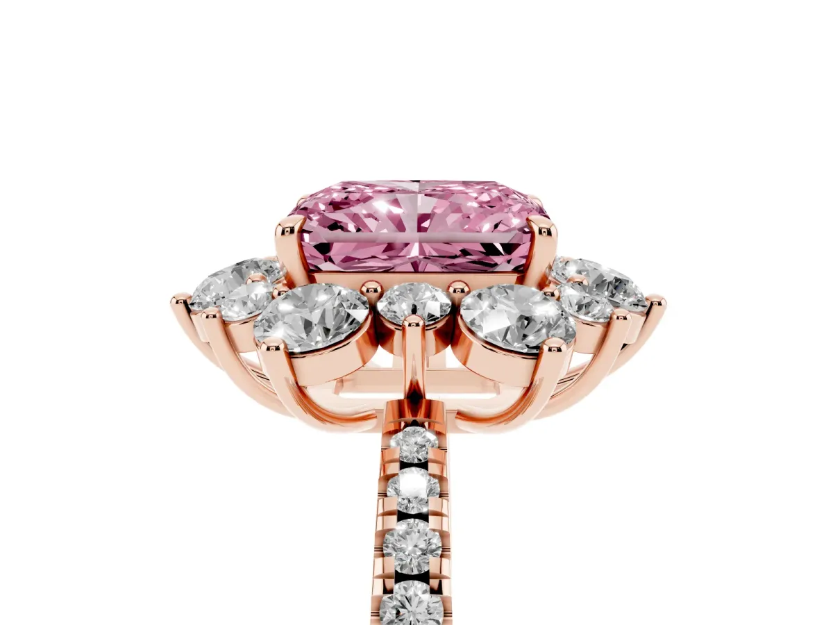 Fancy Pink Radiant Cut Diamond Floral Halo Ring with Round Pavé Band and Prong Setting Rose gold