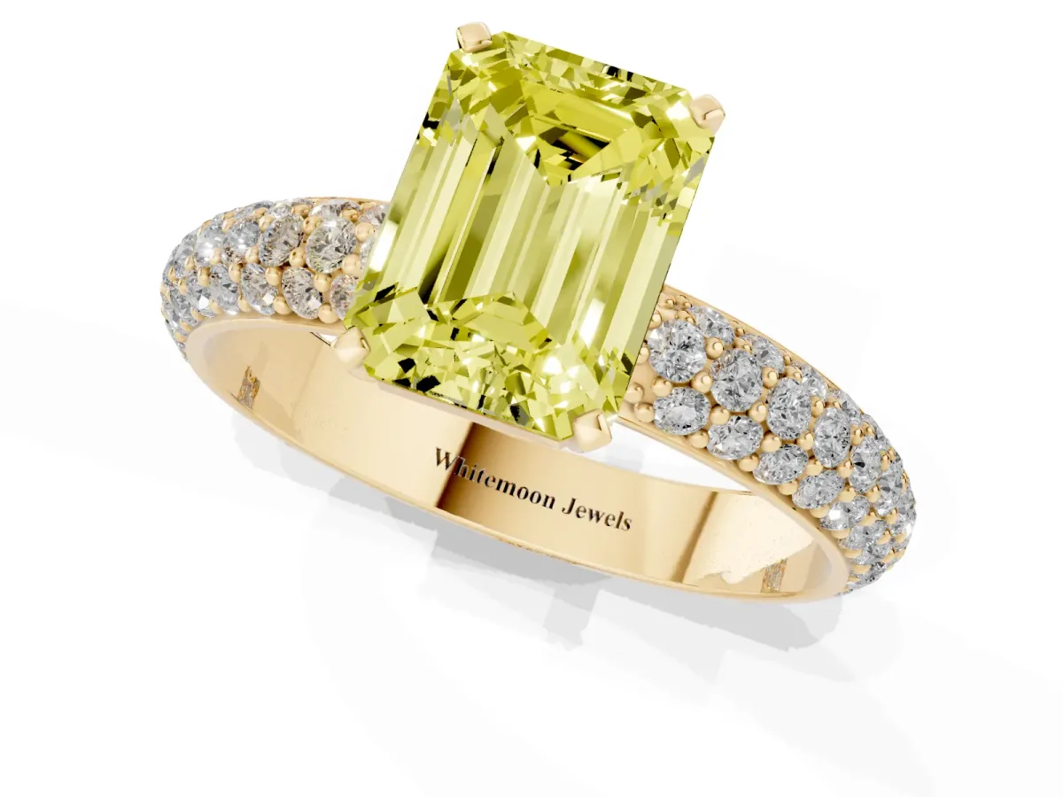 Fancy Yellow Emerald Cut Diamond Solitaire Ring with Prong Setting and Pavé Band Yellow gold