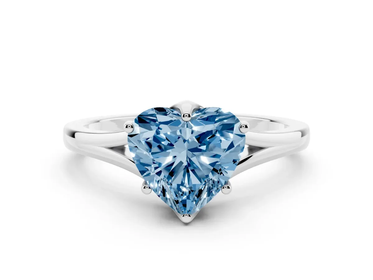 Fancy Blue Heart Cut Solitaire Diamond Ring with Six-Prong Setting and Tapered Band White gold