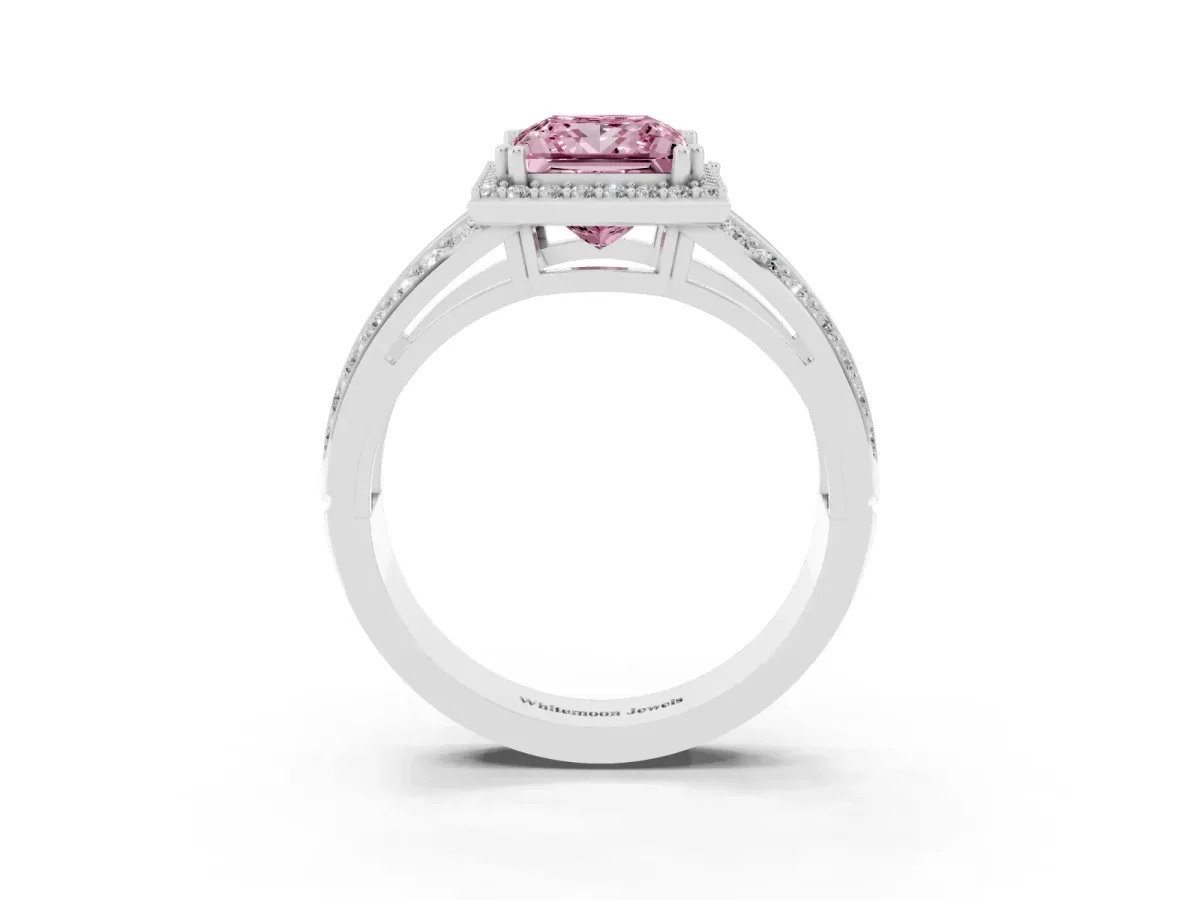 Fancy Pink Princess Cut Diamond Halo Ring with Split Shank Pavé Band and Four-Prong Setting Platinum