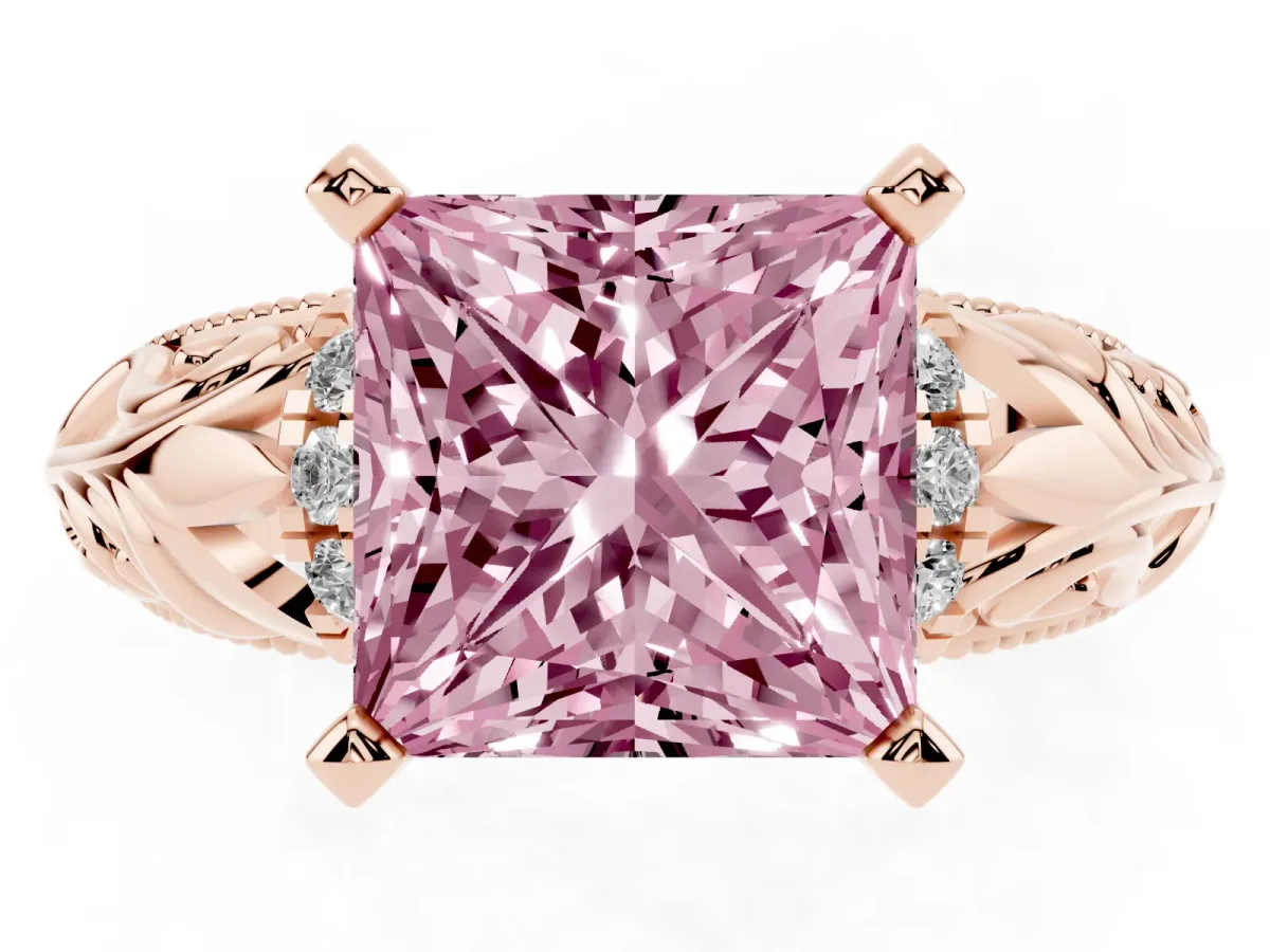Fancy Pink Princess Cut Solitaire Filigree Engagement Ring with Halo and Prong Setting Rose gold