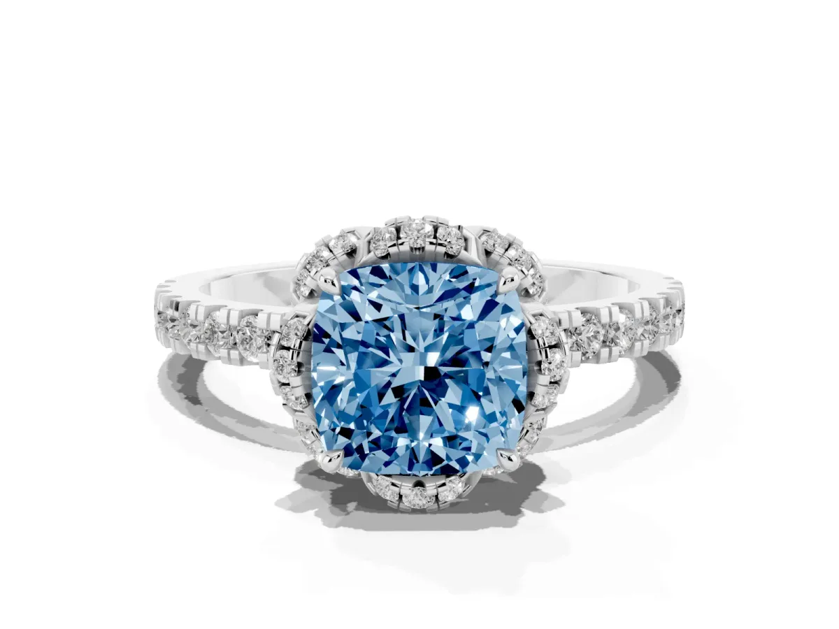 Fancy Blue Cushion Cut Halo Diamond Pave Band Ring with Four-Prong Setting Silver