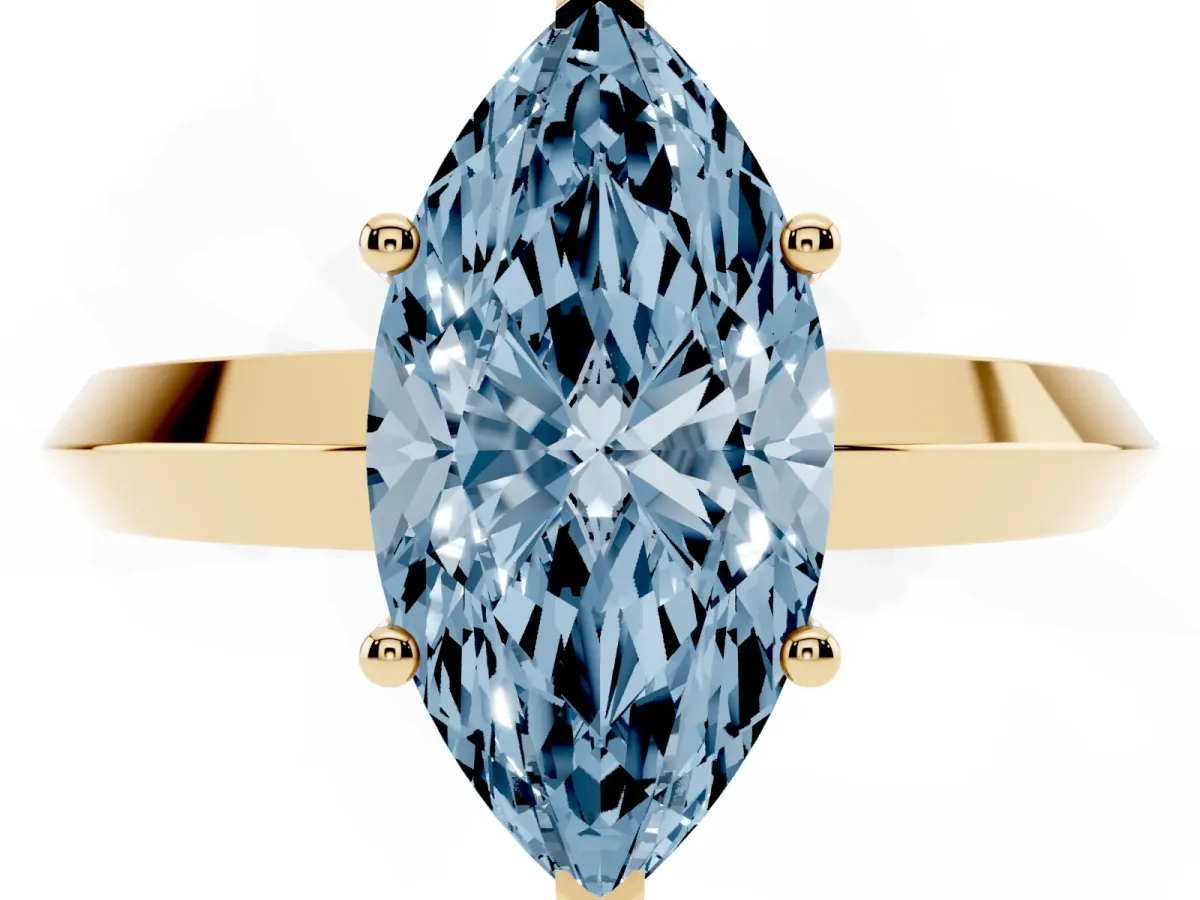 Fancy Blue Marquise Cut Cut Solitaire Engagement Ring with Flat Band and Four-Prong Setting Yellow gold