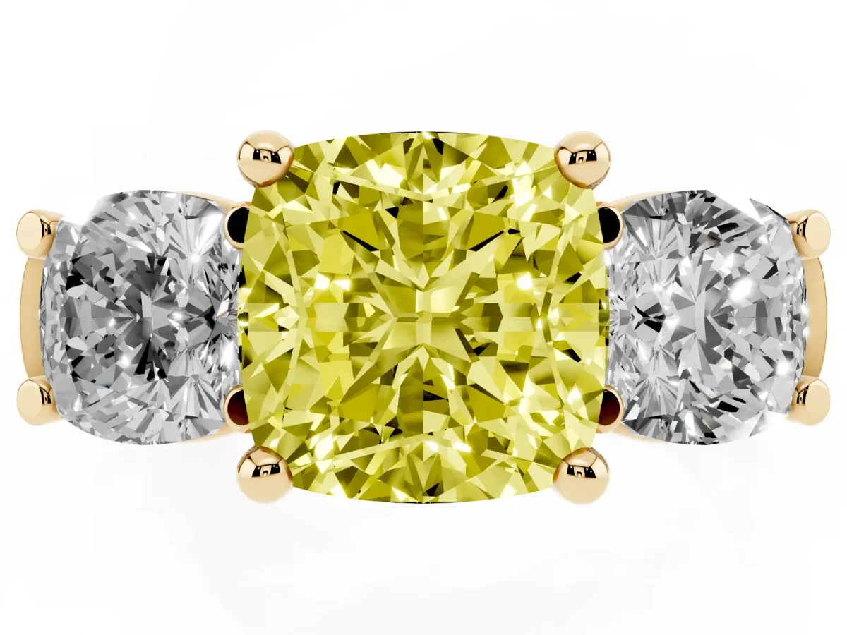 Fancy Yellow Three-Stone Cushion Cut Brilliant Diamond Trellis Ring with Comfort Fit Band Yellow gold
