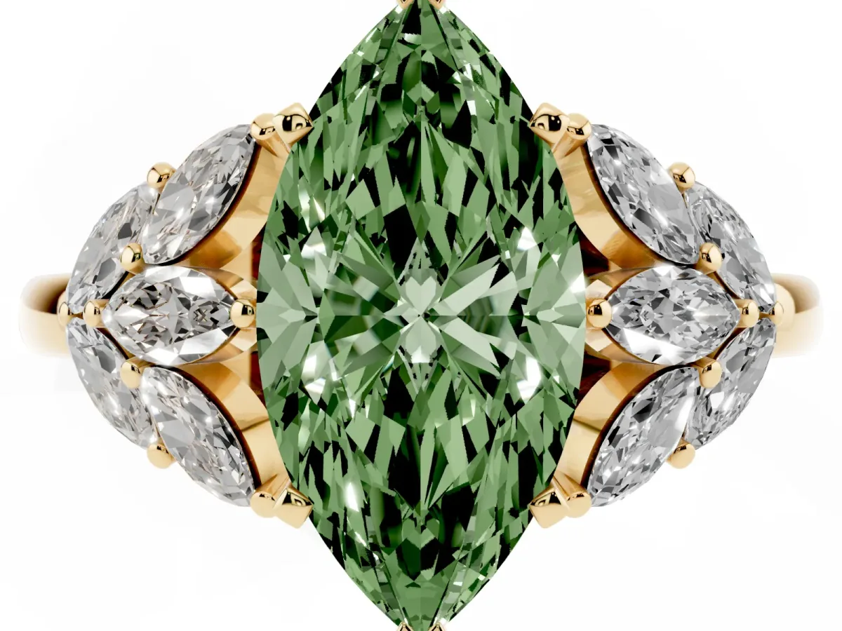 Fancy Green Marquise Cut Diamond Cluster Leaf Design Ring with Prong Setting Yellow gold