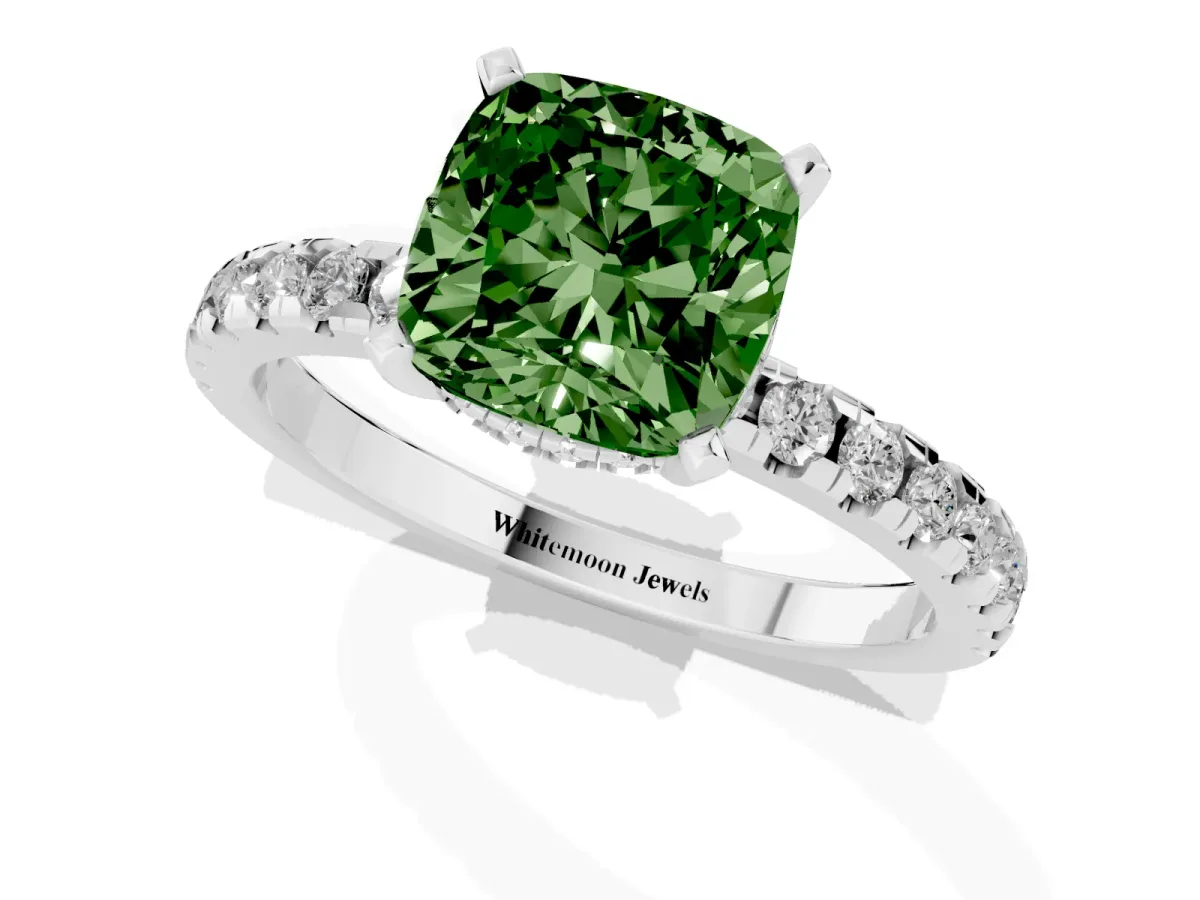 Fancy Green Cushion Cut Diamond Solitaire Ring with Round Pavé Band and Four-Prong Setting Silver