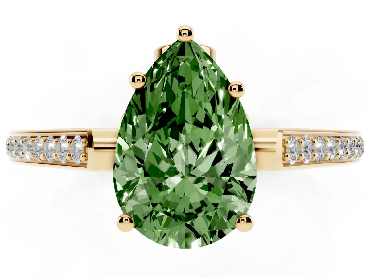 Fancy Green Pear Cut Cut Cathedral Pave Diamond Engagement Ring with Six-Prong Setting Yellow gold