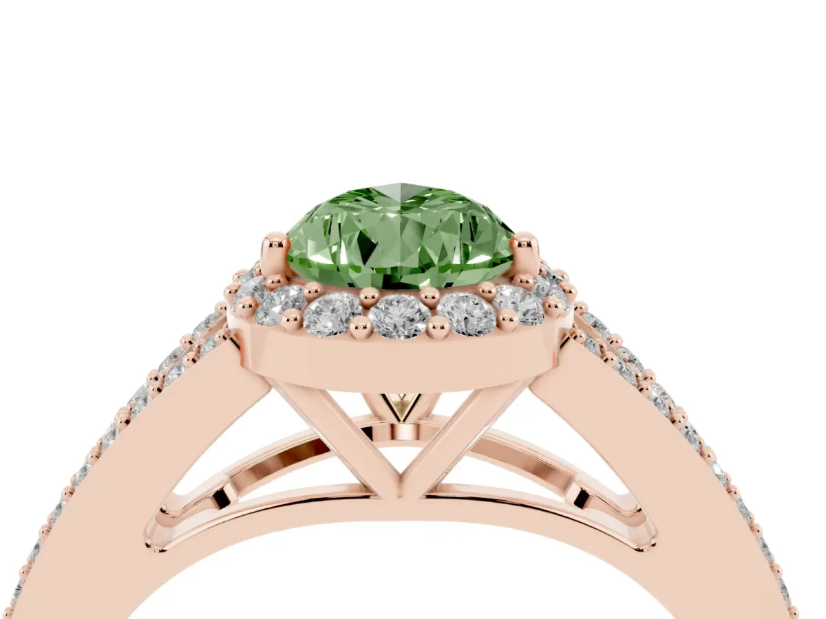 Fancy Green Pear Cut Halo Split Shank Diamond Ring with Prong Setting Rose gold