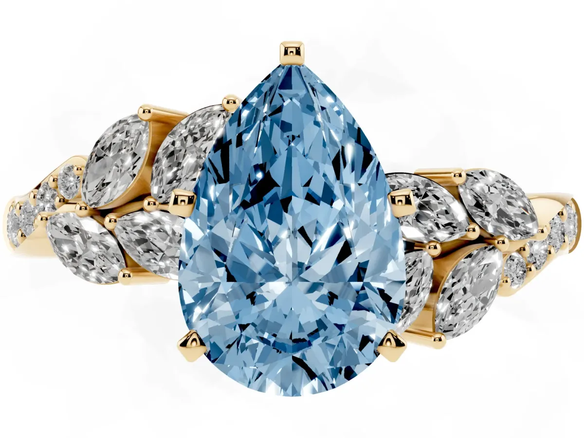 Fancy Blue Pear Cut Solitaire Marquise Twist Band with Six-Prong Setting Yellow gold