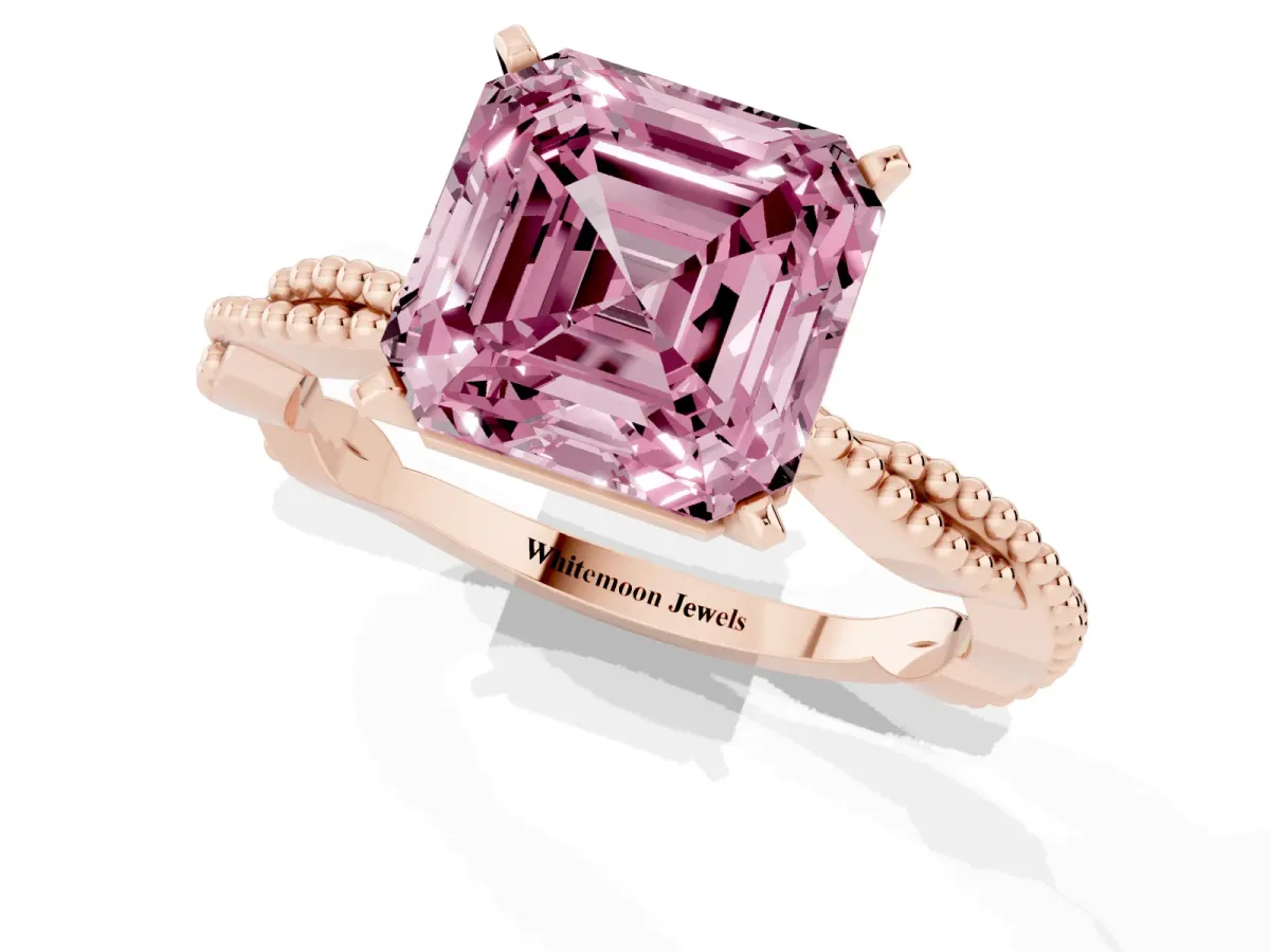 Fancy Pink Asscher Cut Solitaire Twisted Band with Bead Prong Setting Rose gold