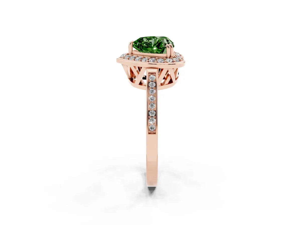 Fancy Green Heart Cut Diamond Halo Ring with Split Shank and Four-Prong Setting Rose gold