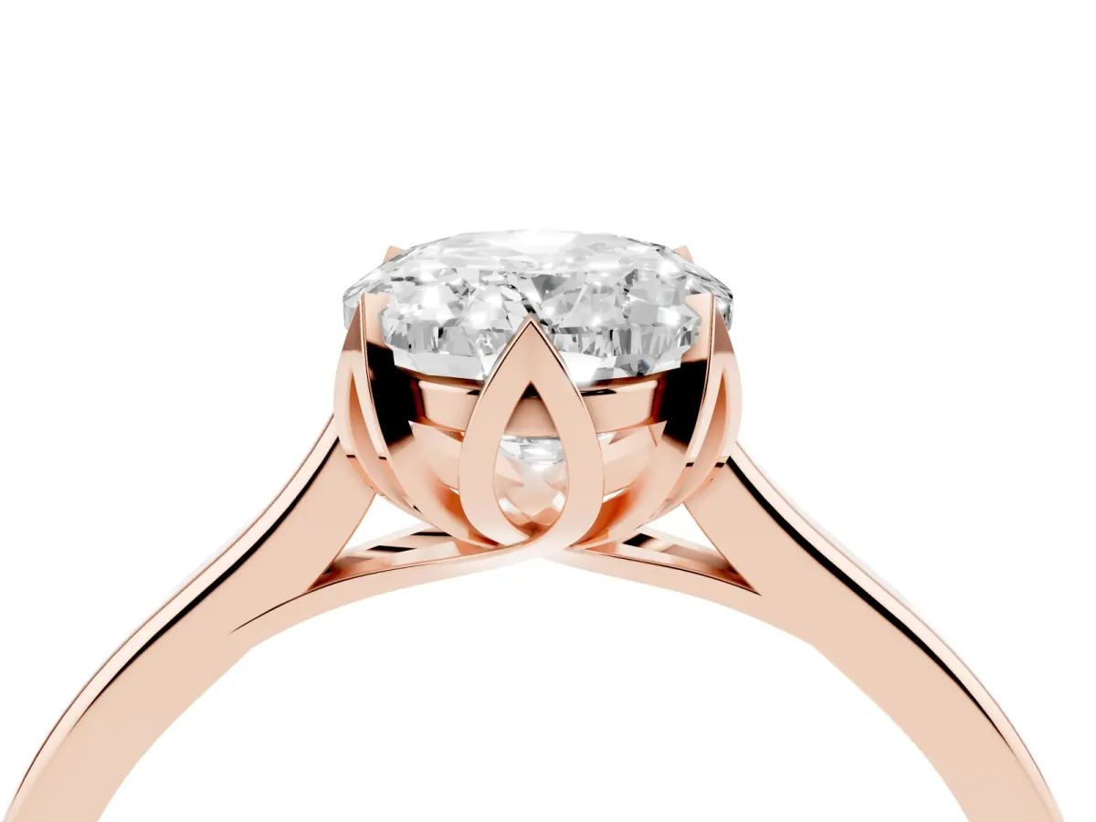 Oval Cut Diamond Solitaire Ring with Flower Prong Setting and Classic Band Rose gold