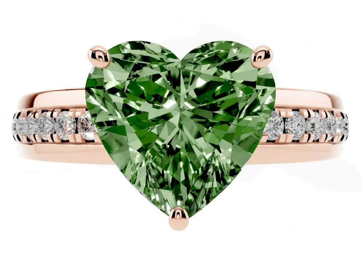 Fancy Green Heart Cut Solitaire Diamond Ring with Channel Set Band and Six-Prong Setting Rose gold