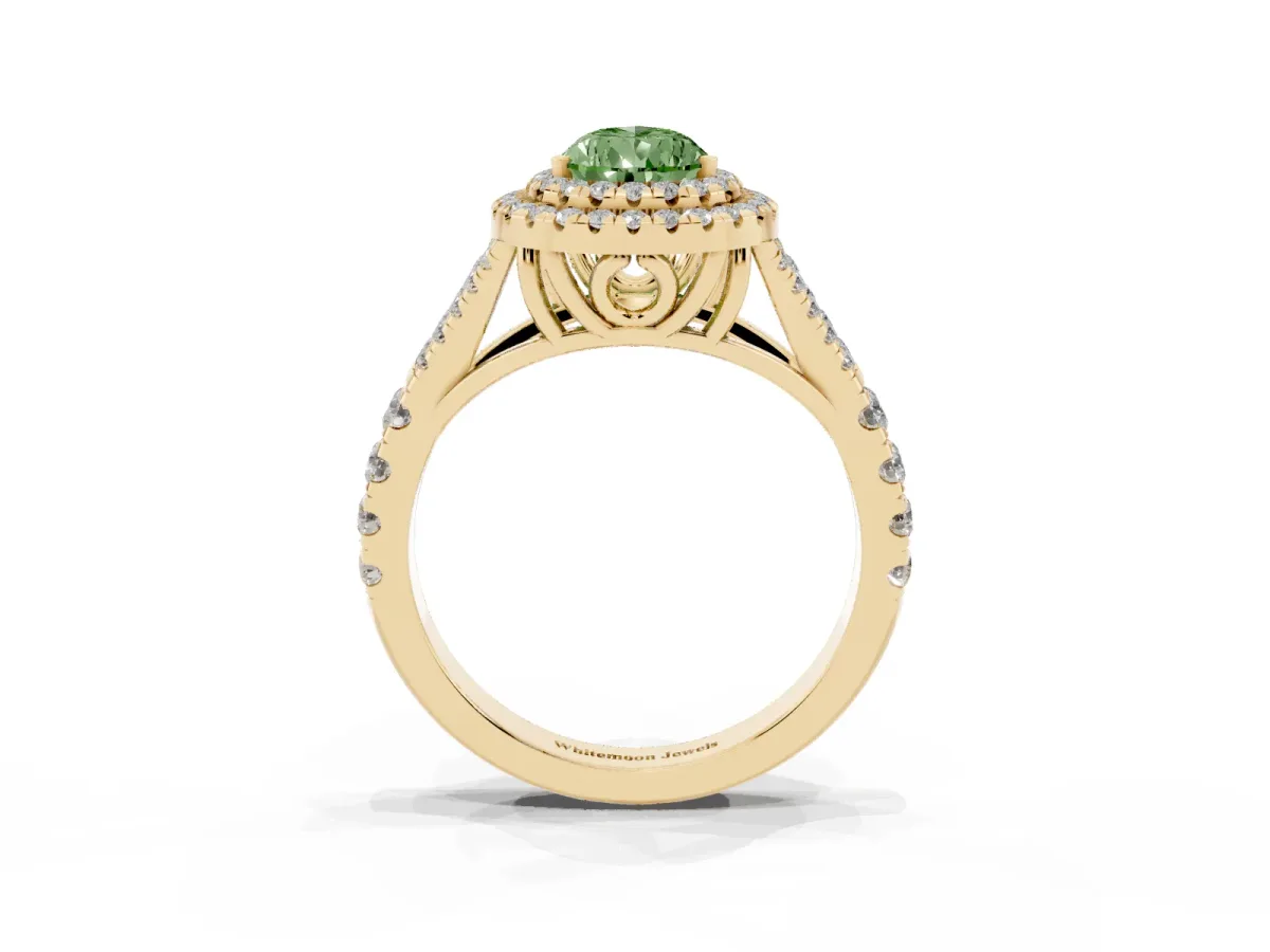 Fancy Green Double Halo Pear Cut Diamond Split Shank Engagement Ring with Four-Prong Setting Yellow gold