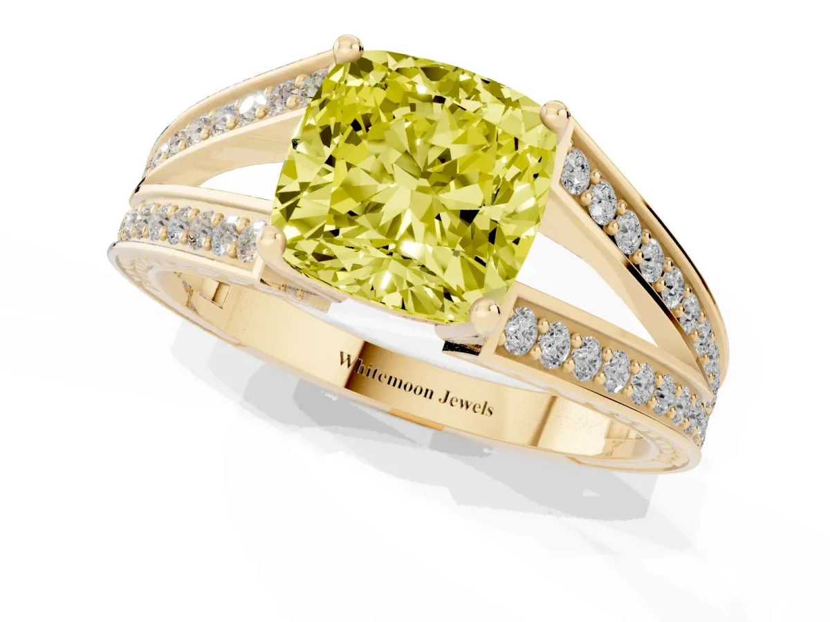 Fancy Yellow Cushion Cut Diamond Split Shank Ring with Pavé Band and Four-Prong Setting Yellow gold